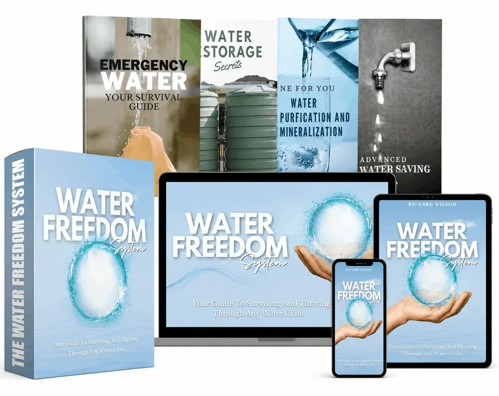 What $39.69 buys: the Water Freedom System guide on laptop, tablet and phone, a printed-book mockup and four bonus guides