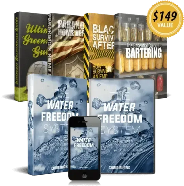Earlier Water Freedom System bundle credited to Chris Burns with four bonus guides: Ultimate Greenhouse Guide, Paranoid’s Home Defense, Blackout Survival and The Essential Guide to Bartering