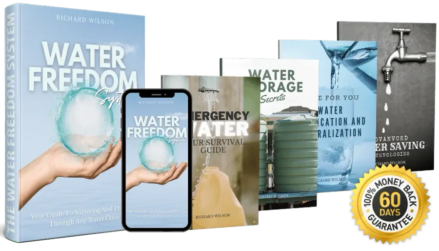 Vendor mockup of the Water Freedom System: the main guide on a phone and as a book, the four bonus guides, and a 60-day money-back guarantee badge