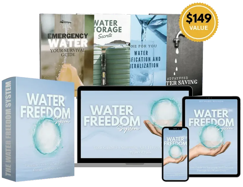 Current Water Freedom System bundle credited to Richard Wilson with four bonus guides: Emergency Water Your Survival Guide, Water Storage Secrets, Water Purification and Mineralization, and Advanced Water Saving Technologies
